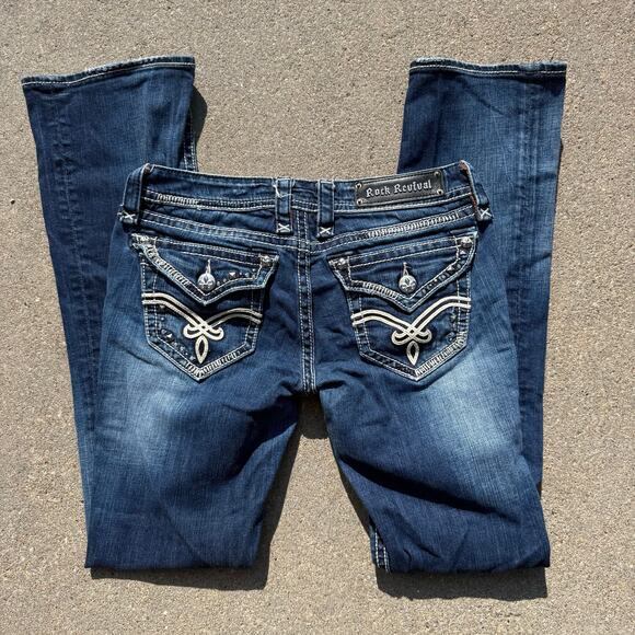 Rock Revival Elaina Boot Cut Bling Embroidered Flap Pocket Jeans Size 28x34 - Picture 1 of 15